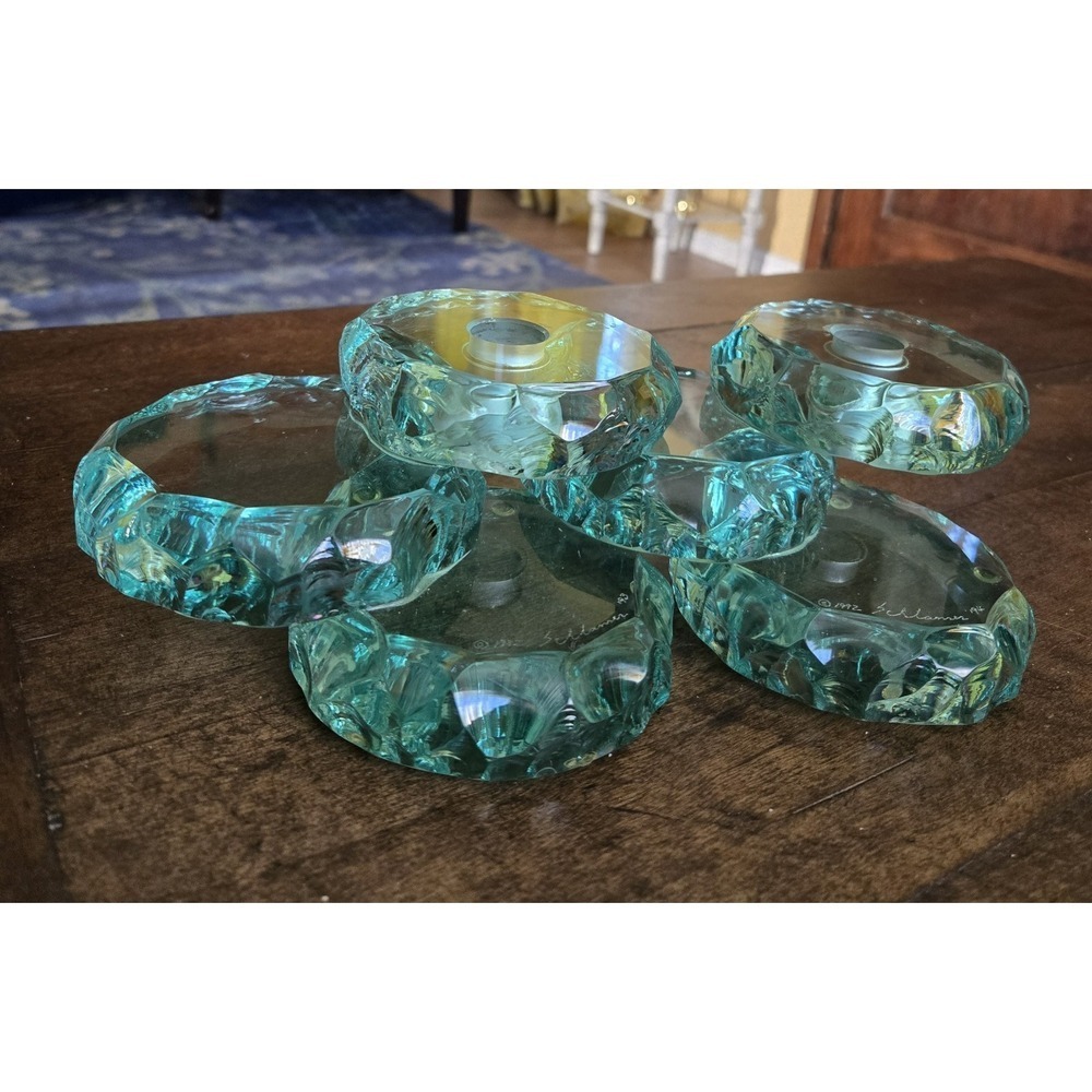 Rare‎ 6 Pc Stephen Schlanser Aqua 'Ice Chip' Glass Art Piece 1992 Signed